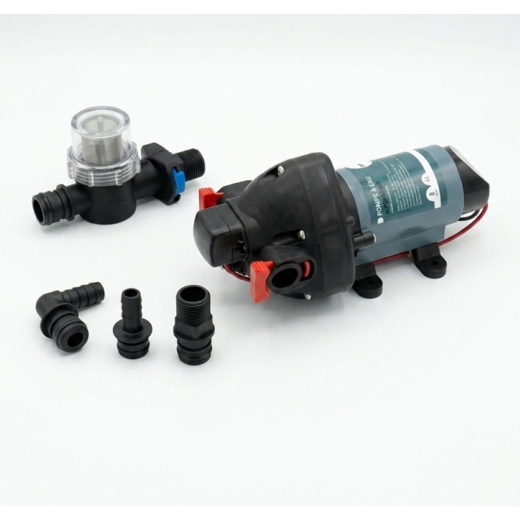 1 - 12V Water Pump for Camper Optima 8 L/min Universal Replacement 20 and 30 PSI Kit with Filter and Fittings